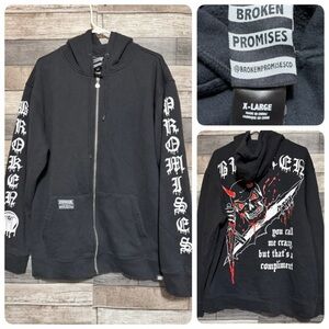Broken Promises Full Zip Hoodie Sweatshirt Size XL Black Fleece Skull Arm Logos